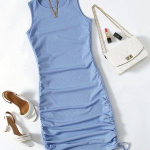 Shein blue ribbed scrunch dress with ties at the bottom